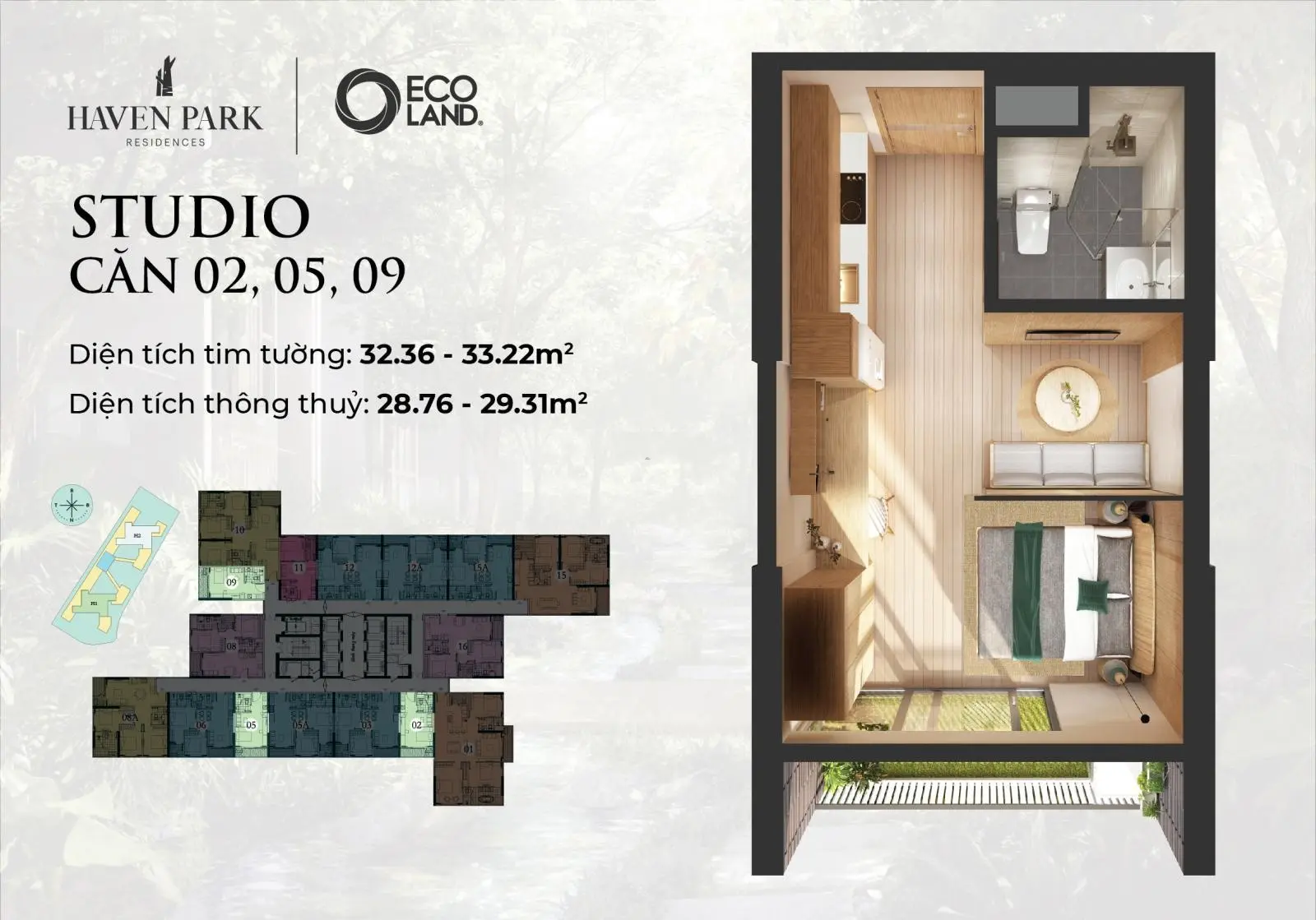 Căn hộ studio Haven Park, tầng đẹp view biệt thự đảo, S 30m2, nguyên bản CĐT, 1.7 tỷ. LH 0337 259 ***