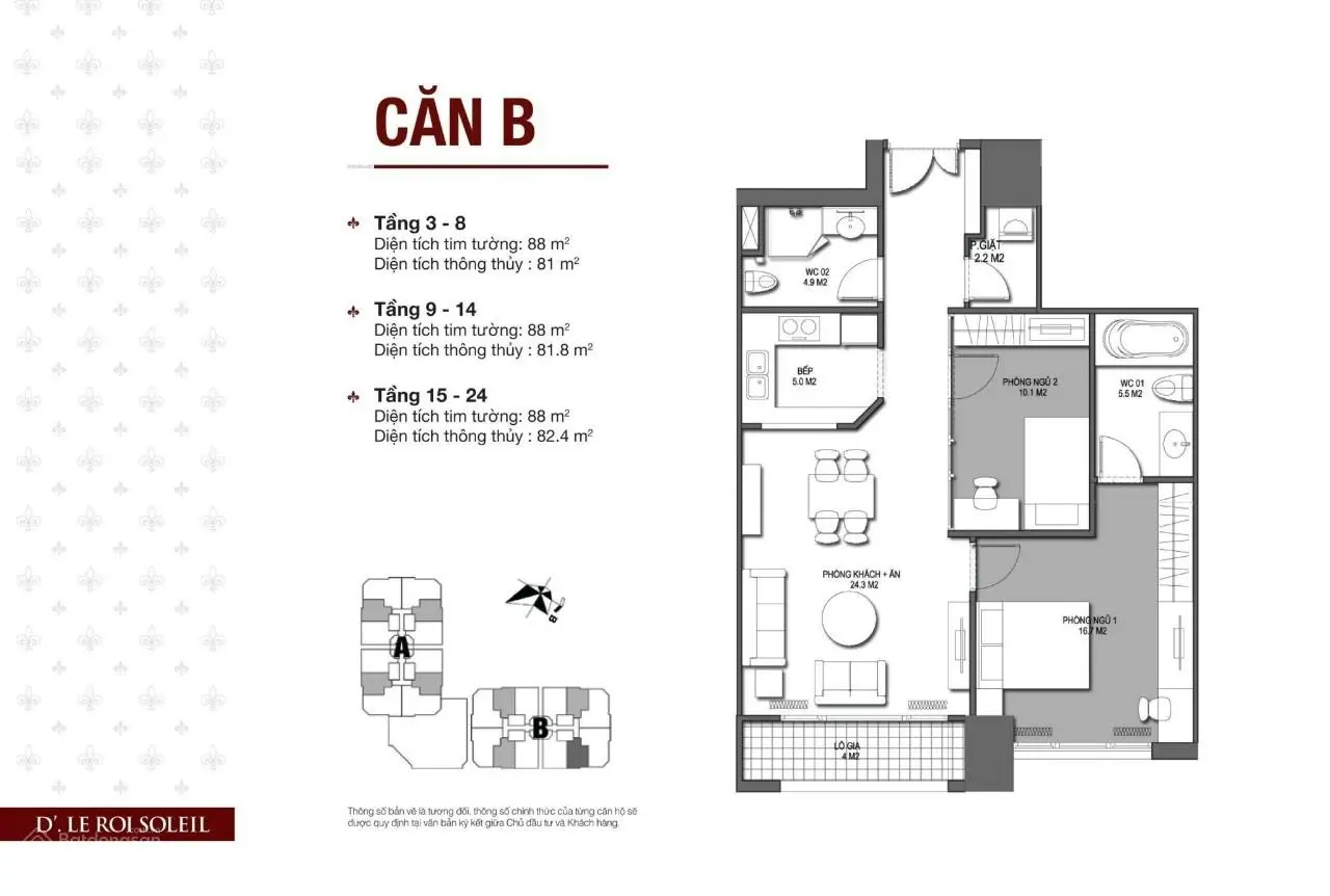 Full bảng hàng chính chủ + chủ đầu tư tháng 9 diện tích 88m2, 2 ngủ tòa D'. Le Roi Solei