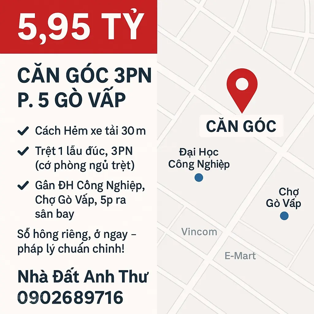 5.95 tỷ - căn góc 3pn - gần đại học công nghiệp - p.5 gò vấp