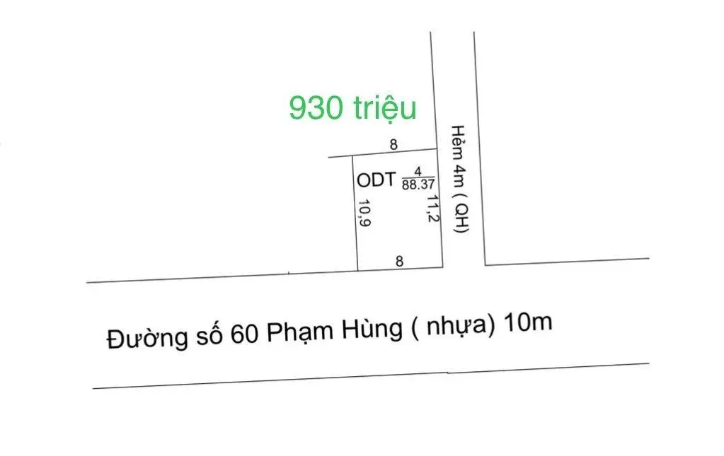 Bán đất full thổ cư hẻm 60 Phạm Hùng. Đường nhựa 10m