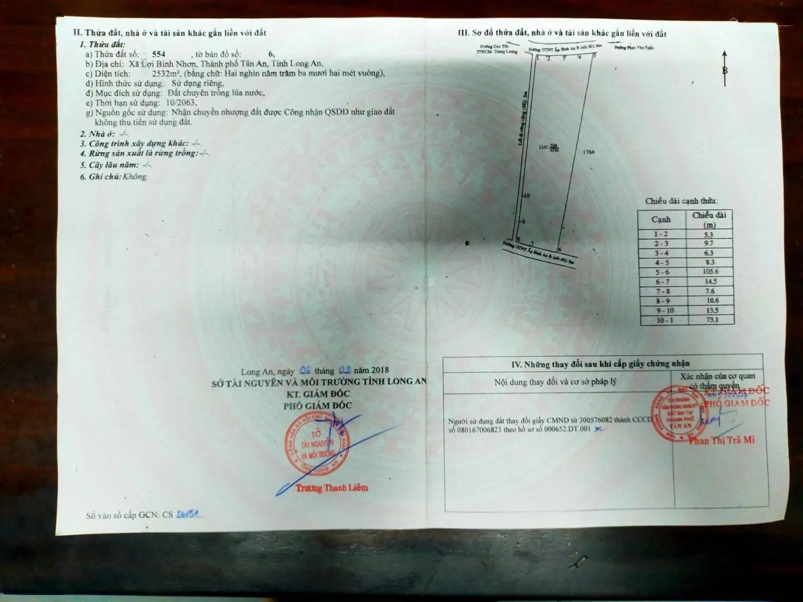 Bán 2532m2 lúa (22 x 102), 3 mặt tiền đường 6m xã Lợi Bình Nhơn. Giá: 1 tỷ 350 triệu / 1000m2