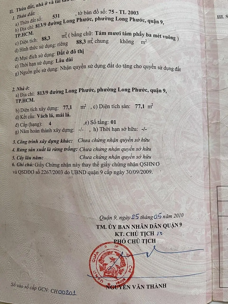 Bán nhà mặt tiền hẻm đường Long Phước Tp. Thủ Đức (Quận 9 cũ)