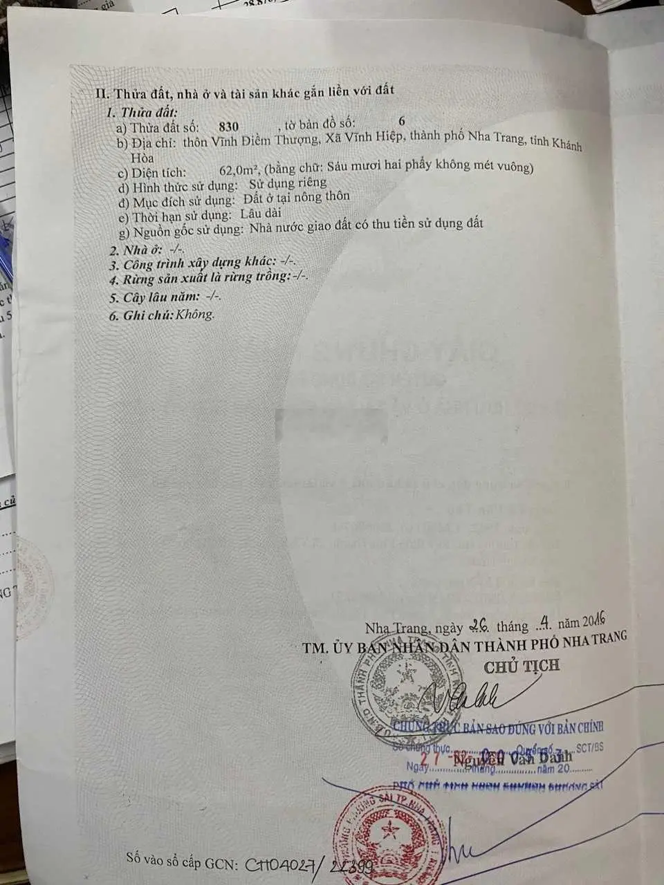 Bán đất ngay đường 23/10 - trung tâm xã Vĩnh Hiệp. Đất đẹp vuông vức - Sổ đỏ thổ cư 100%