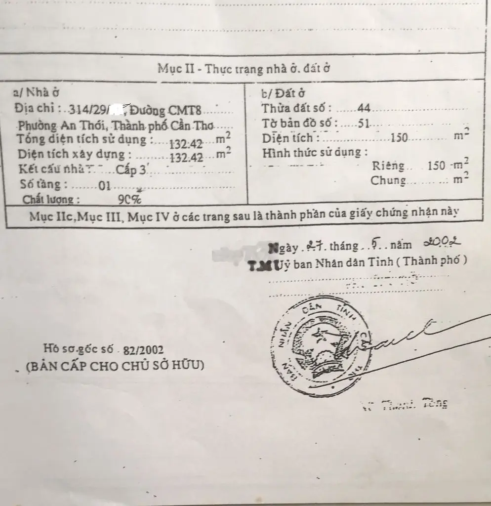 Bán nhà+đất, 3 pn, 800 m2 có thổ cư, hẻm 314 CMT8