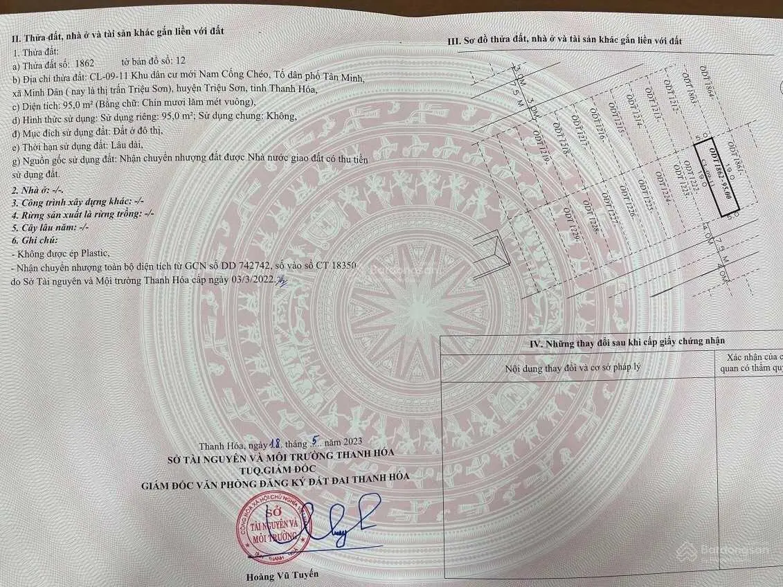 Tôi có mảnh đất đô thị tại thị trấn Triệu Sơn cần bán diện tích 95m2 mặt tiền 5m vuông vắn dài 19m