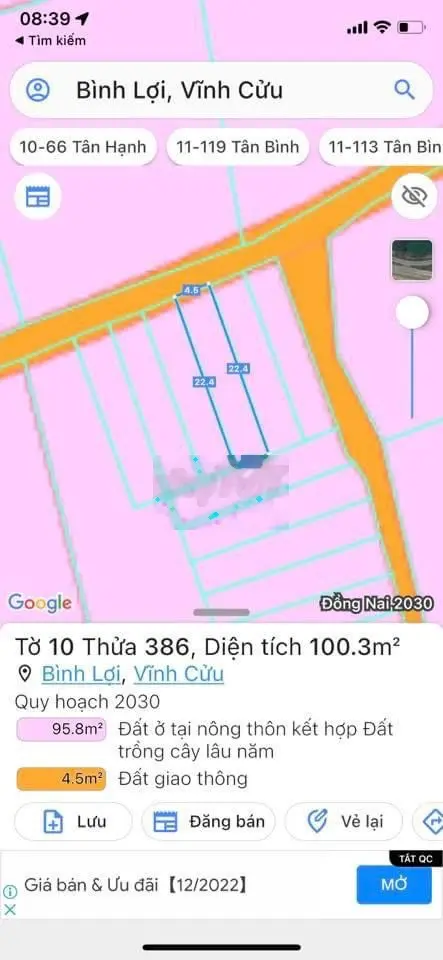 Kẹt tiền bán 100m2 đất Xã Bình Lợi,Vĩnh Cửu giá rẻ