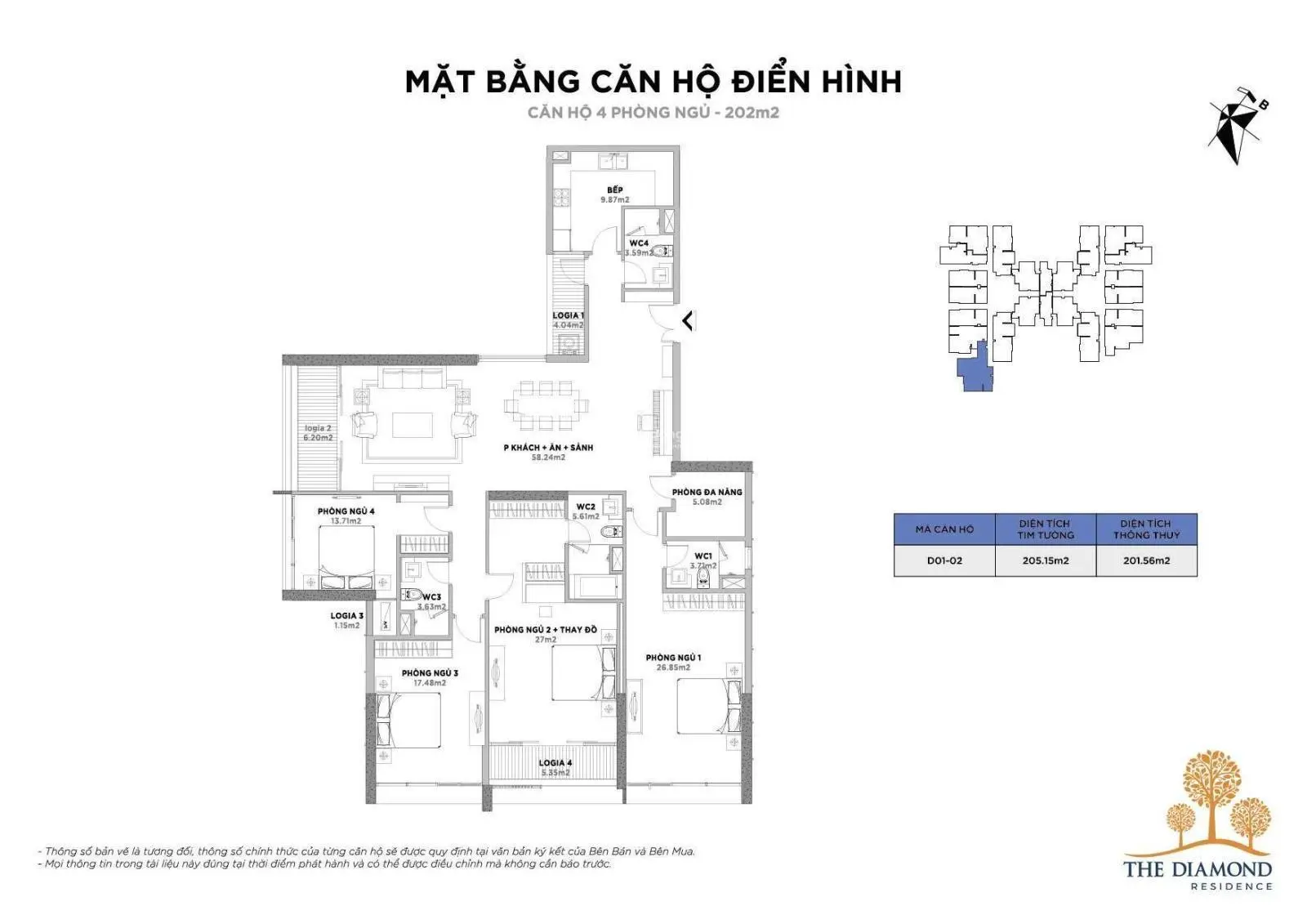 Bán căn hoa hậu 4PN 202m2 thoáng 3 mặt tại The Diamond Residence. LH PKD CĐT 0904 682 ***