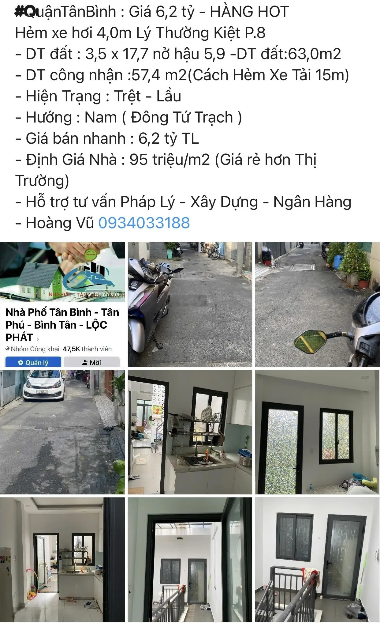 Nhà 2 Tầng Hẻm Xe Hơi 4,0m Lý Thường Kiệt . DT đất : 63,0m2 . Giá 6,2t TL . Vũ Lộc Phát 0934 033 ***