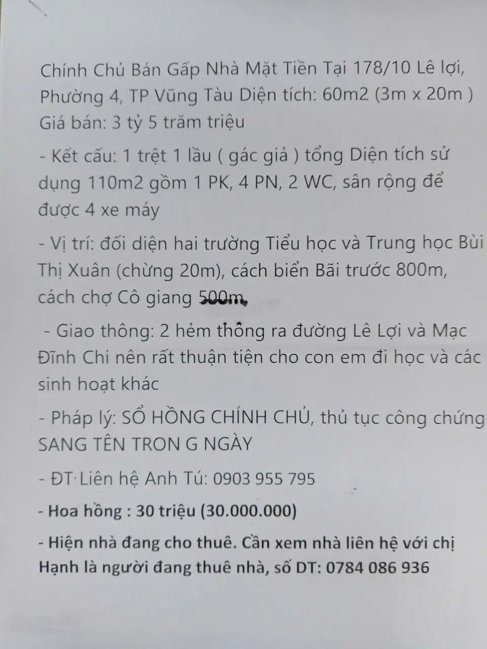 Chính chủ bán nhà đường Lê Lợi, Vũng Tàu giá 3ty5 có thương lượng, diện tích 65m2 sẵn sổ hồng