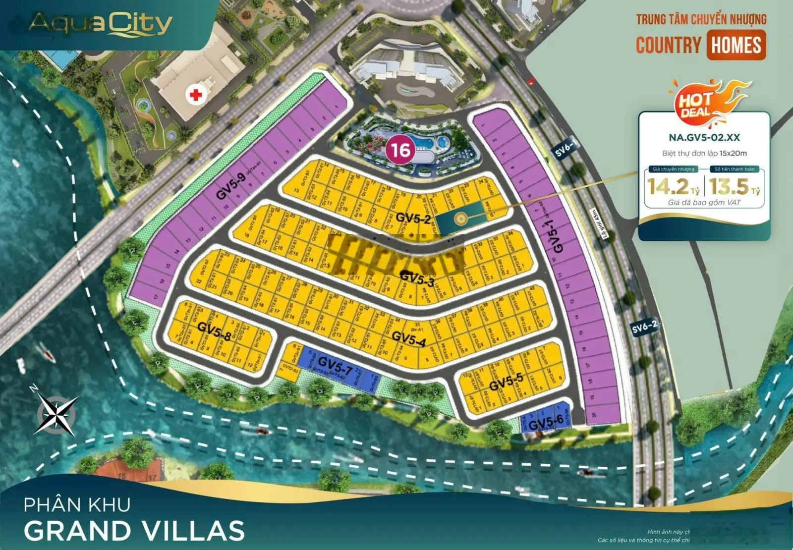 Bán biệt thự khu Grand Villas Aqua City DT: 15x20m giá 13 tỷ, (chuẩn bị có sổ hồng),PKD Novaland