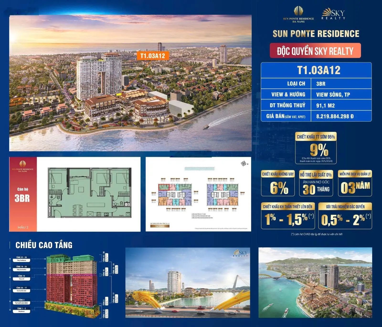 Giỏ hàng thanh khoản chỉ 1,3 tỷ/căn hộ Ponte giá cực sốc, vị trí ngay cầu rồng trung tâm tp đà nẵng