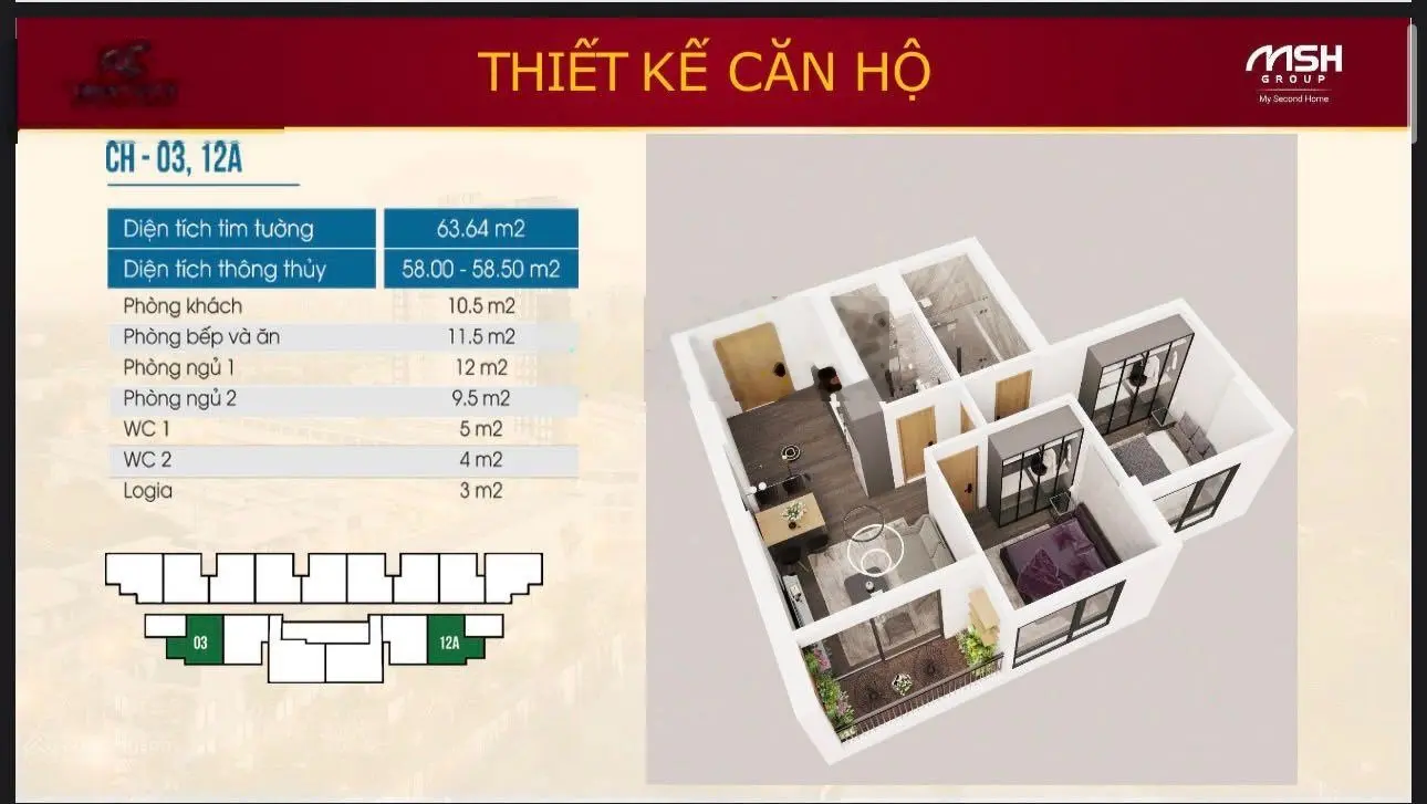 Căn góc ngoại giao 66,5m2 - 2PN - 2WC, ban công Đông Nam, cửa Tây Bắc