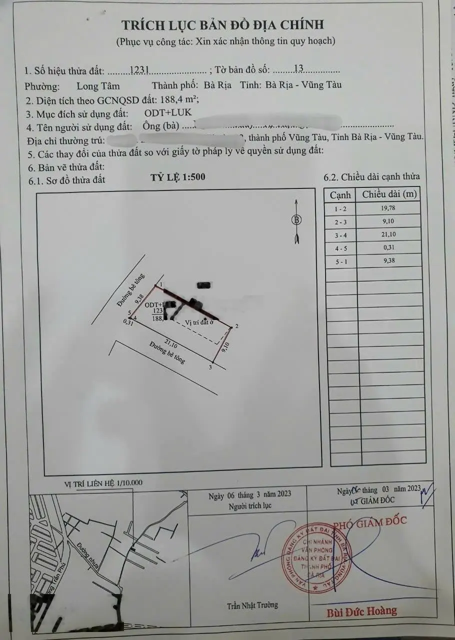 Bán lô góc 188m2 phường Long Tâm Bà Rịa ngang 9.3m giá siêu rẻ LH 0933 366 ***