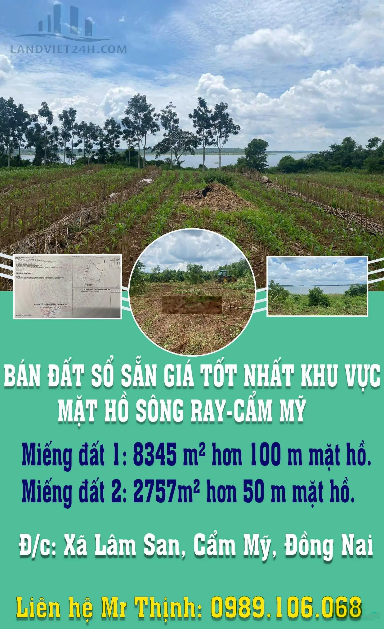 BÁN ĐẤT SỔ SẴN GIÁ TỐT NHẤT KHU VỰC MẶT HỒ SÔNG RAY-CẨM MỸ