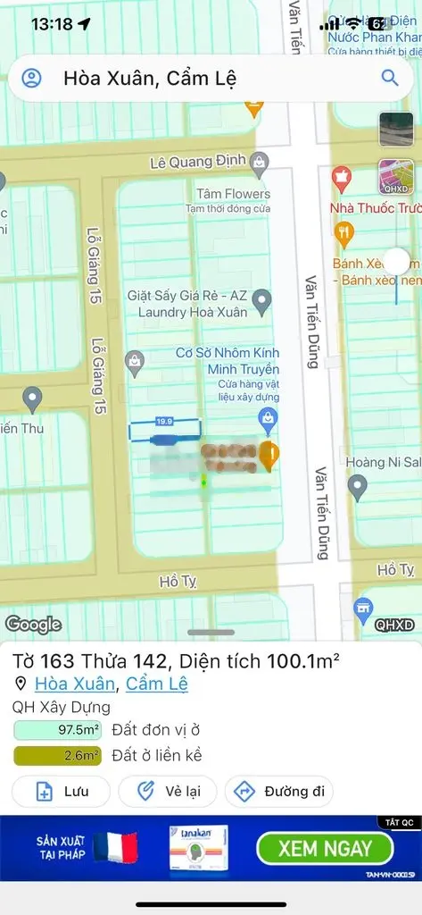 Bán đất đường 5,5m Lỗ Giáng 15 - Hòa Xuân - Hướng Tây , vị trí đẹp