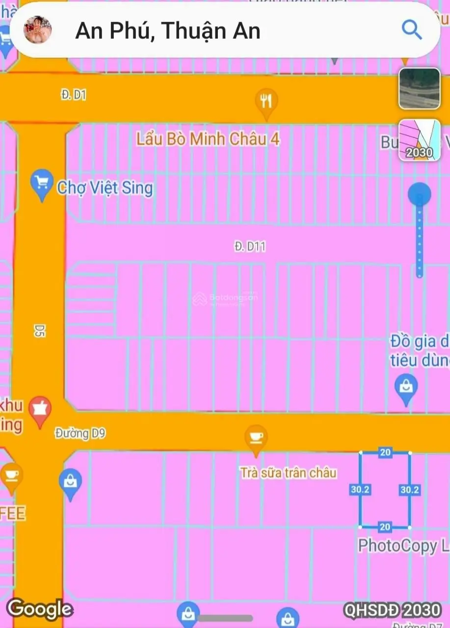 Đất 600m2 ngang 20m mặt tiền D9 KDC VietSing Vsip 1, An Phú, Thuận An