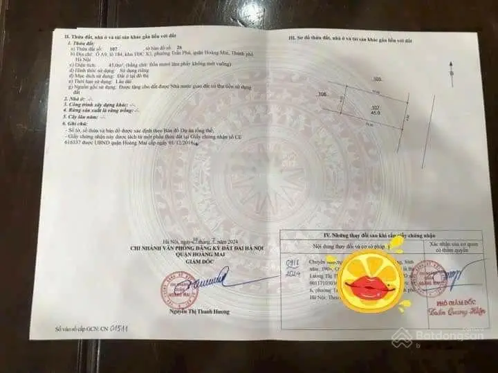 Chính chủ bán đất Tây Trà, Hoàng Mai. Khu phân lô, ô tô đỗ cửa + DT 45 m2 MT 4.5 mét sổ đỏ