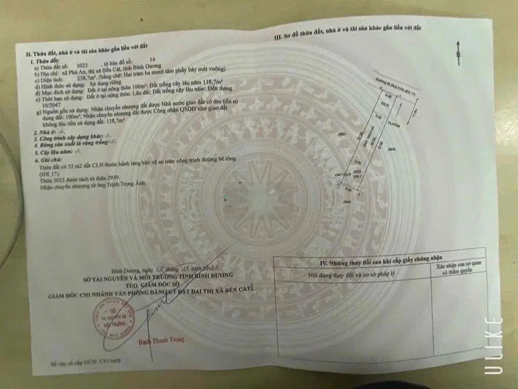 Bán đất Bến Cát Phú An bê tông thông 5m ngay ngã 4 Phú Thứ. nở hậu 7m