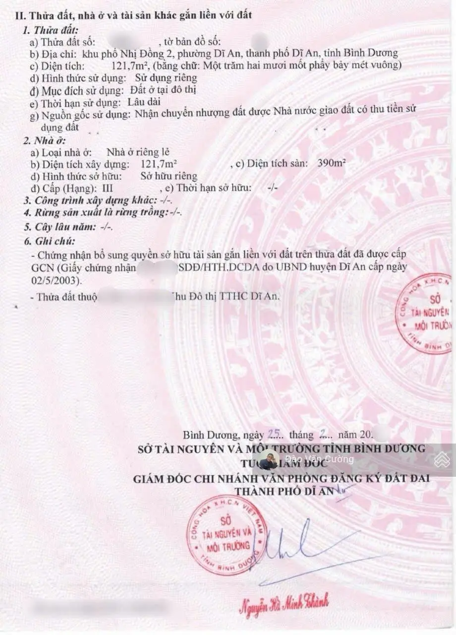 Bán nhà trung tâm hành chính gần trường Việt Anh TP Dĩ An Bình Dương, diện tích 121m2 DTS 390m2