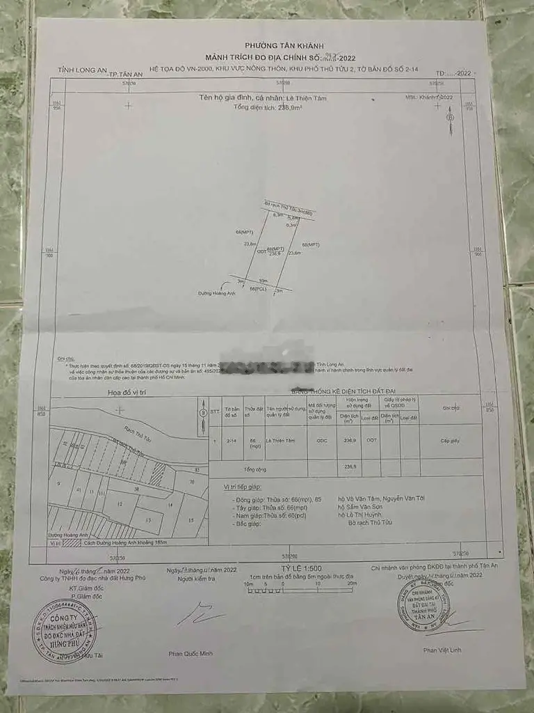 ĐẤT NỀN 236,9m2 Hẻm đường Hoàng Anh, TP Tân An