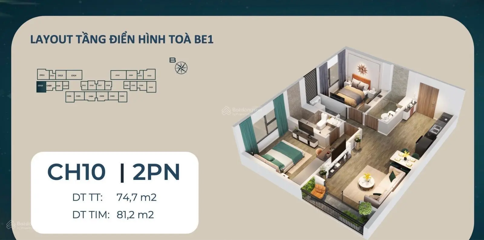 Bán căn hộ 2N 76.2m2 tại toà BE1. Chính sách tốt nhất