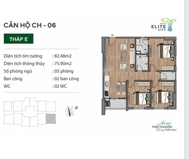 Căn 3 ngủ vip tòa E chung cư Tecco Elite TP Thái Nguyên 1,9 tỷ