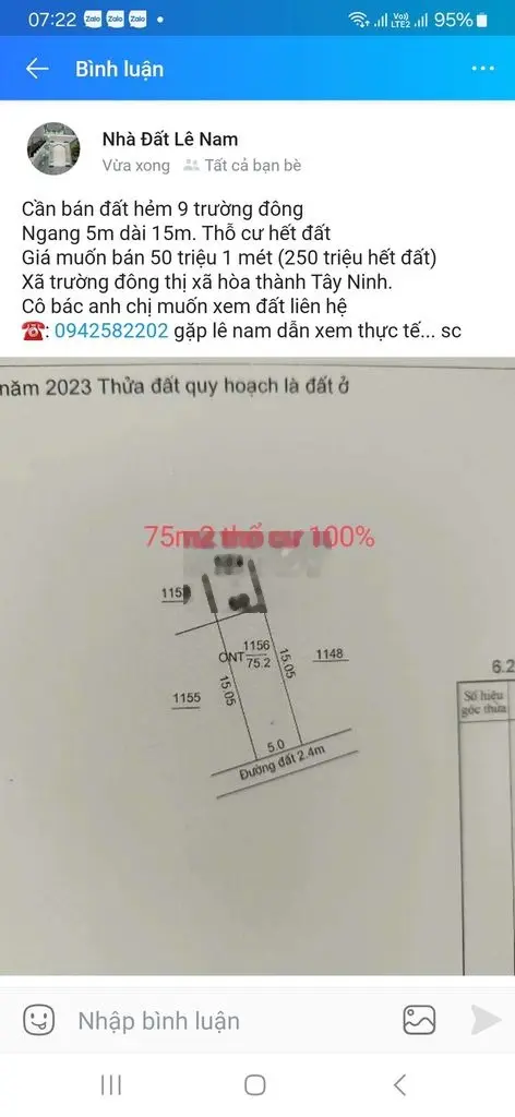 Bán Đất hẻm 9 Trường Đông, diện tích 75m2, giá 250 triệu