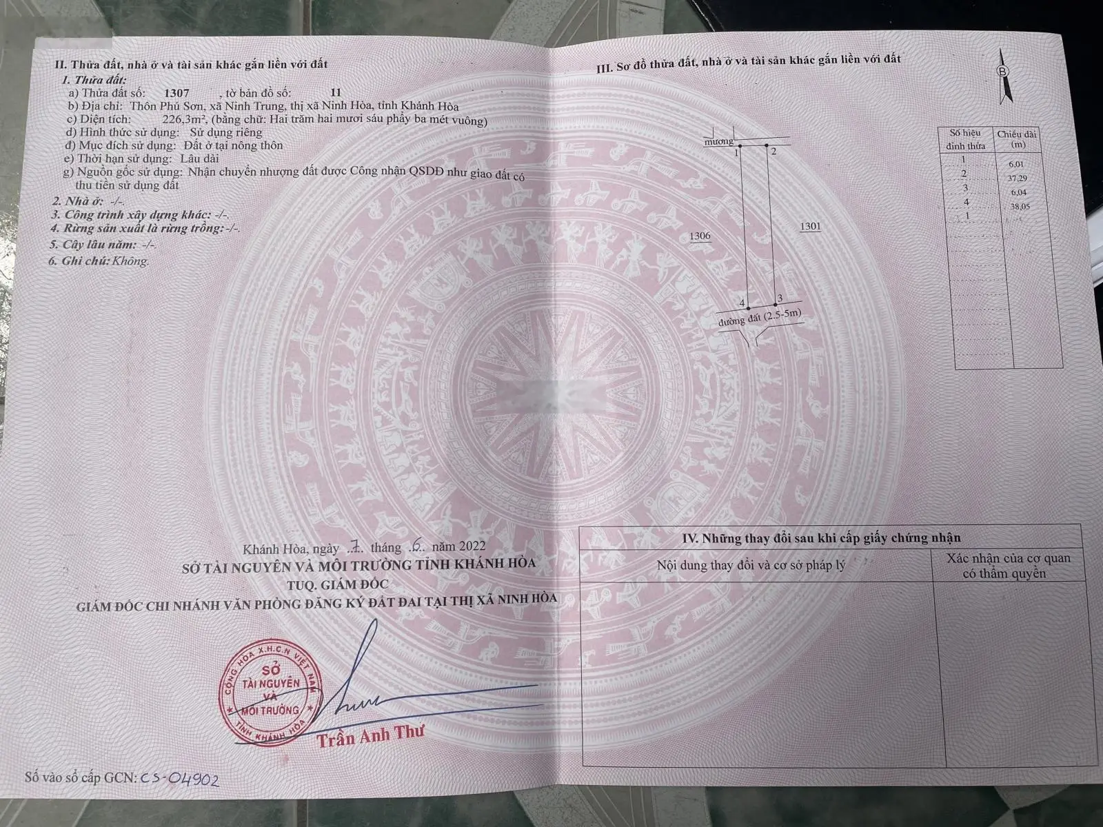 Bán đất thôn Phú Sơn, Ninh Trung, Ninh Hòa, 226m2 full thổ cư, đường bê tông, dân cư đông đúc