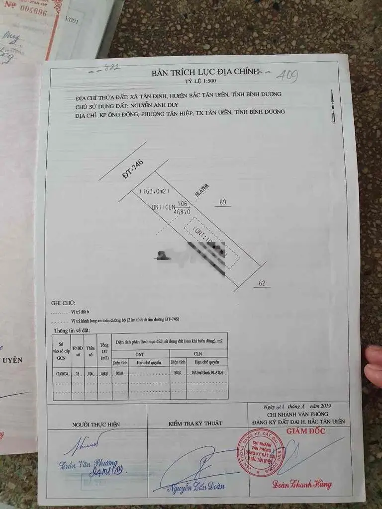 mặt tiền dt 746 Tân Đinh 10m day 40m100thocu đoi dien tạo lực buon ban