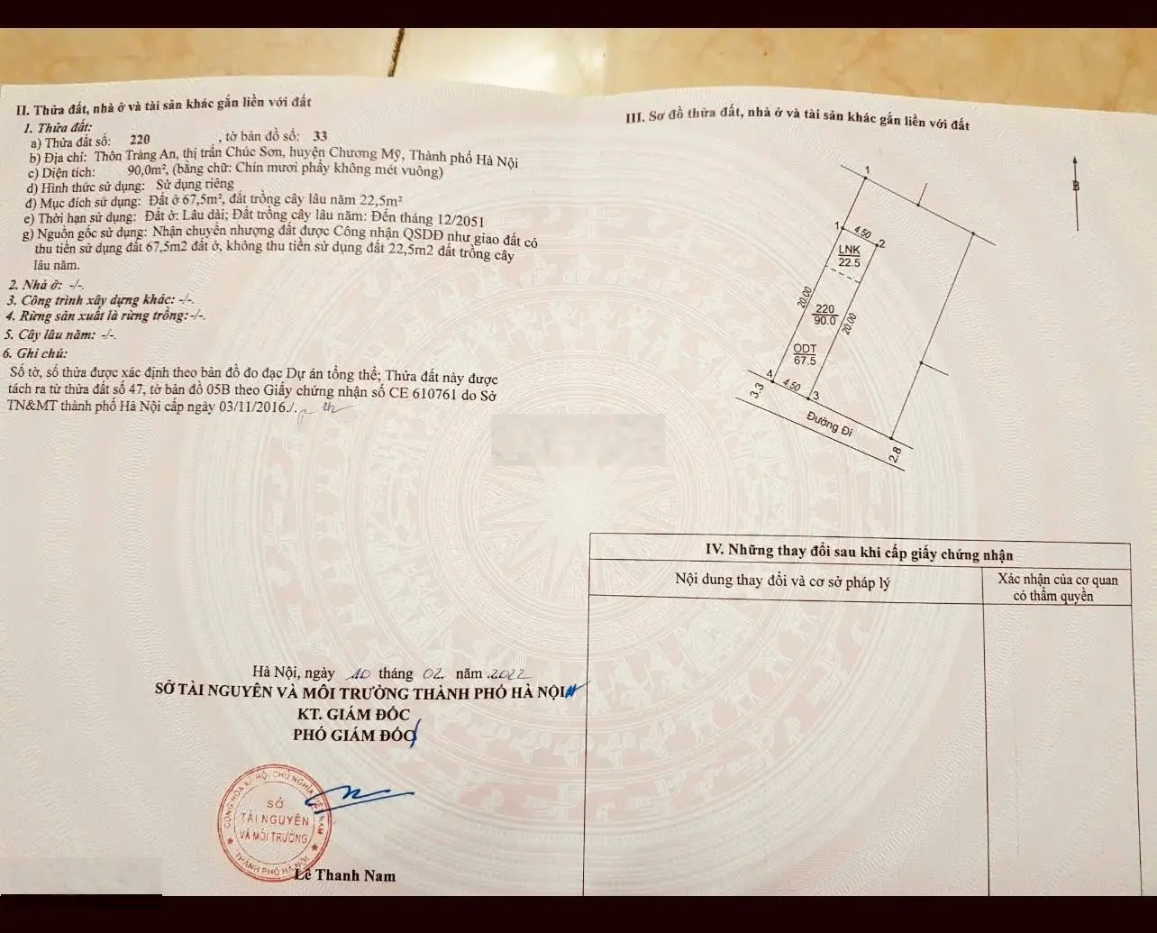 Bán thửa đất số 220 tại thôn Tràng An, Thị trấn Chúc Sơn, huyện Chương Mỹ, Thành phố Hà Nội.