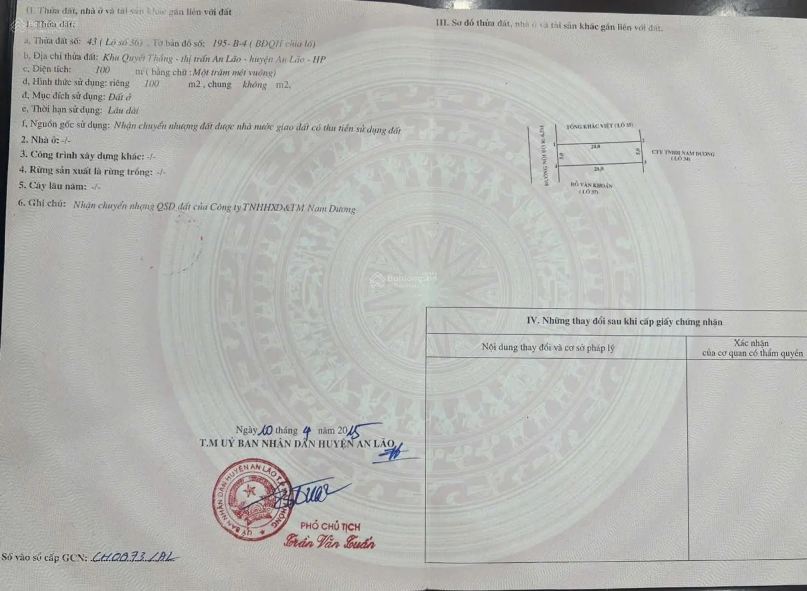 Bán đất tại TDP Quyết Thắng thị trấn An Lão, đường Nguyễn Văn Trỗi, giá 3,5 tỷ VND, diện tích 100m2
