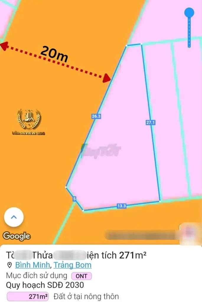 Lô góc siêu phẩm 271m2, TĐC Bình Minh, đường rộng 20m, chỉ 13tr/m2