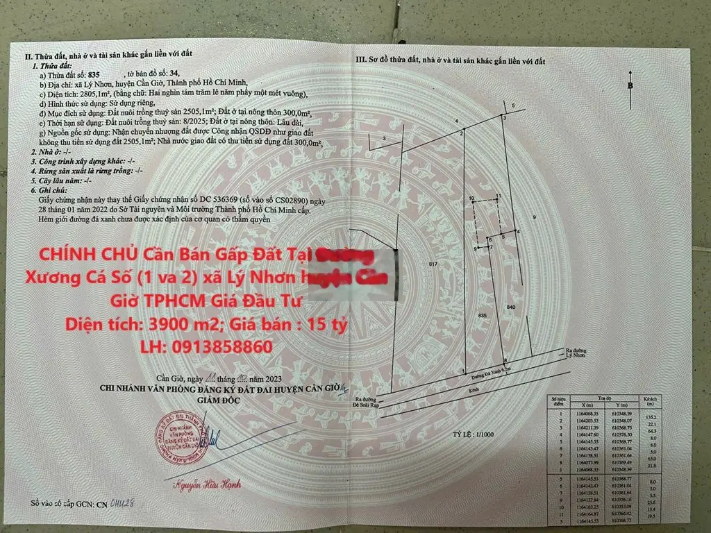 Đất Đường Xương Cá Số (1&2) xã Lý Nhơn huyện Cần Giờ TPHCM Giá Đầu Tư