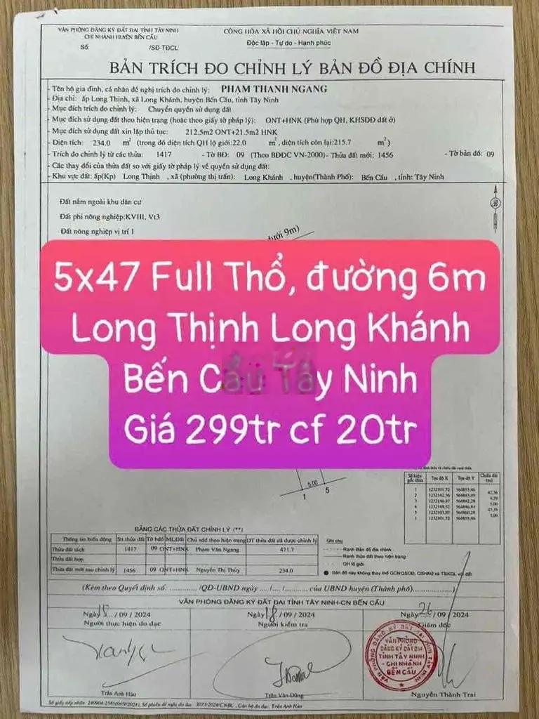 5x46 Full Thổ = 299tr Hoa hồng 20tr, đường lớn 6m, Bến Cầu