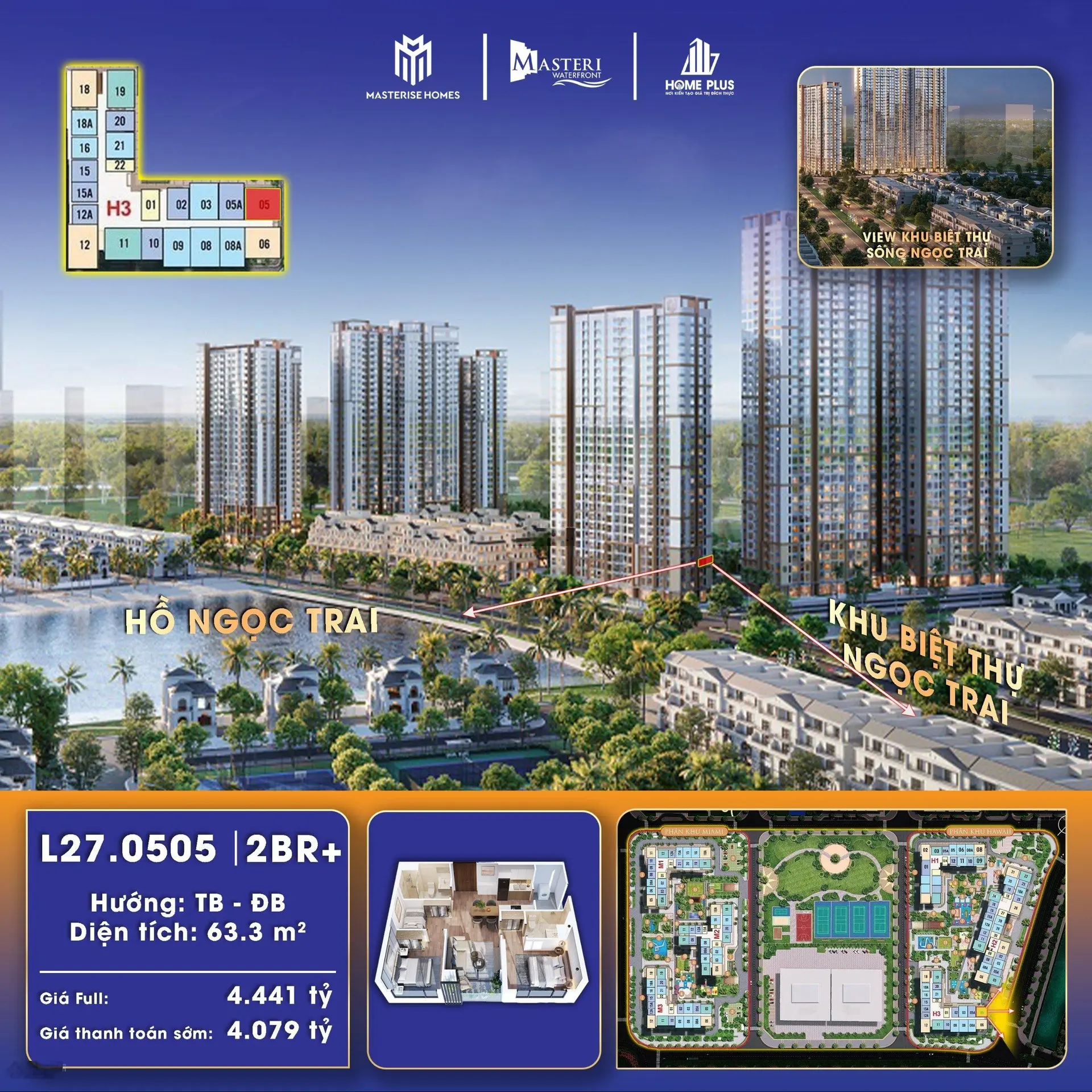 Bán căn 2PN2WC góc vip tòa H3 Masteri view Hồ Ngọc Trai. ĐT 0972 911 ***