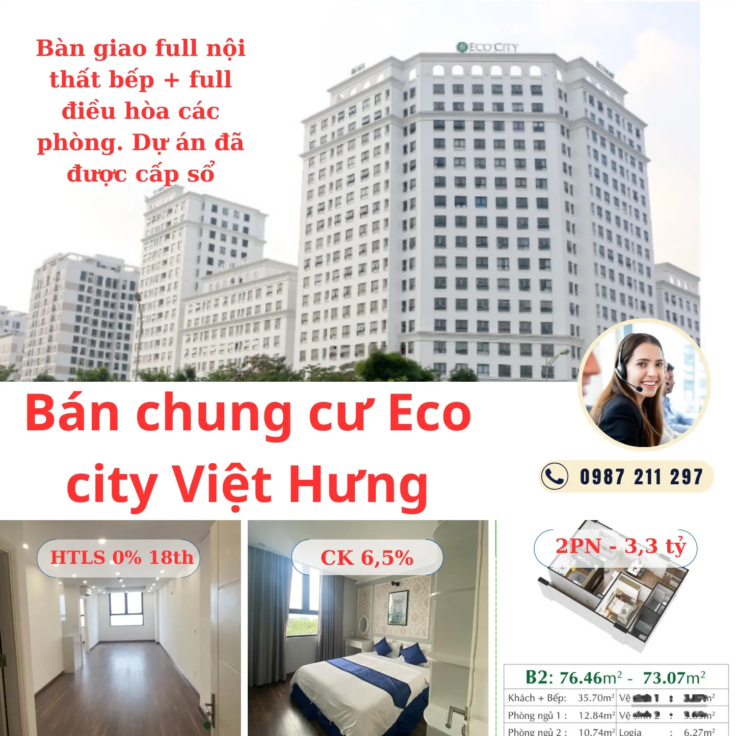 Bán căn 2PN, 78m tầng đẹp, nội thất đầy đủ có điều hòa, giá 3,8 tỷ( 48tr/m ) đã có sổ, nhà mới 100%