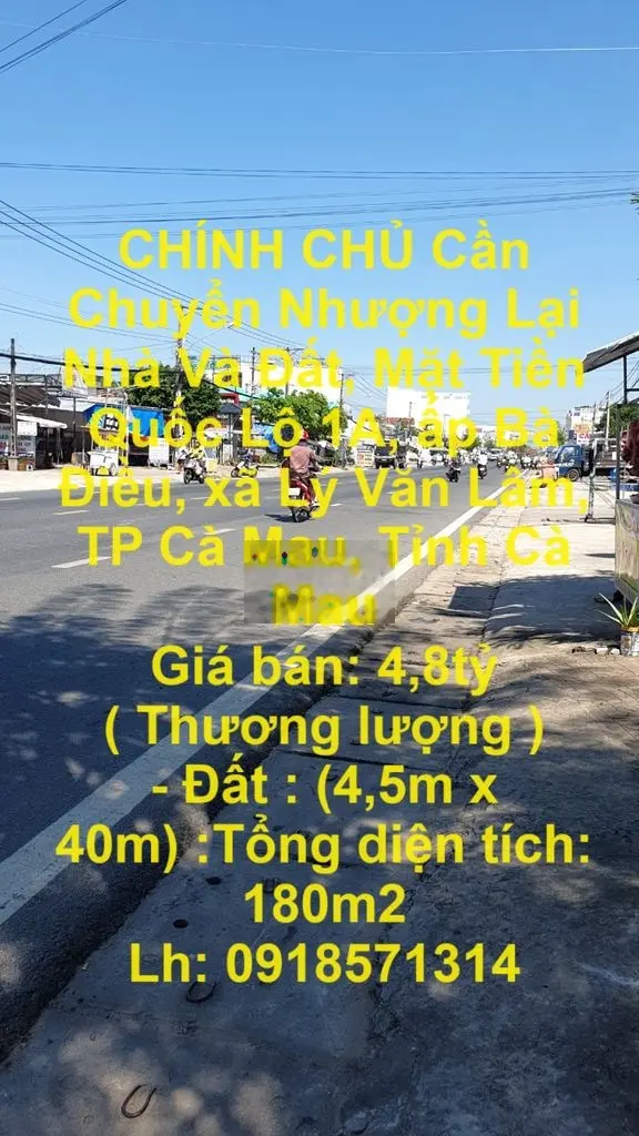 Nhà Và Đất, Mặt Tiền Quốc lộ 1A, Cặp Với Khách Sạn Á Đông 2, Lộ 8m