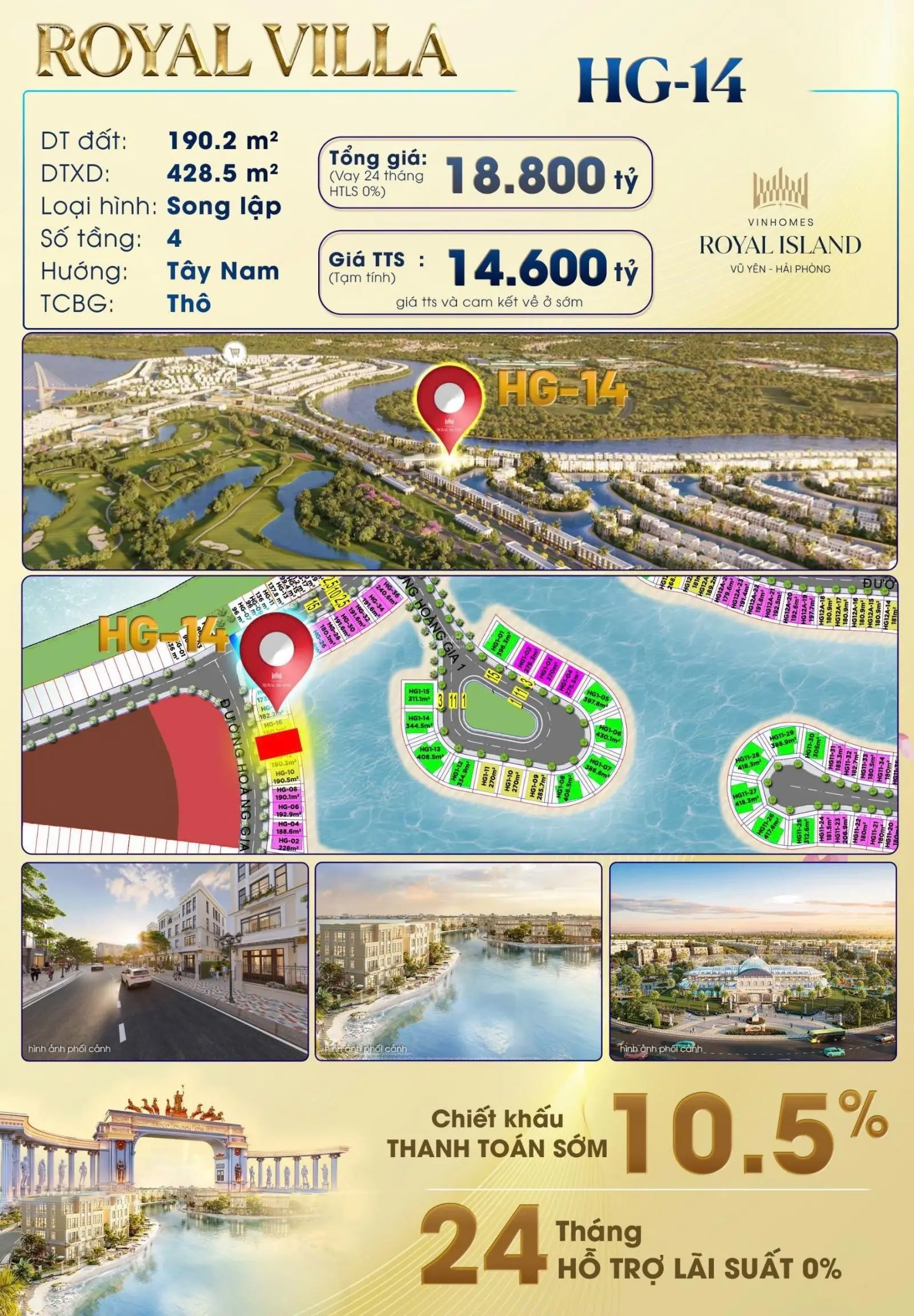 60triệu/m2. 14,4 tỷ song lập 190.2m2 Hoàng Gia VIP. Biệt thự dát vàng 18K, biển sau nhà cát trắng