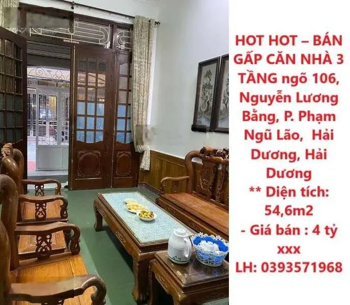 HOT HOT BÁN GẤP CĂN NHÀ 3 TẦNG ngõ 106, Nguyễn Lương Bằng, P. Phạm Ngũ Lão, Hải Dương, Hải Dương