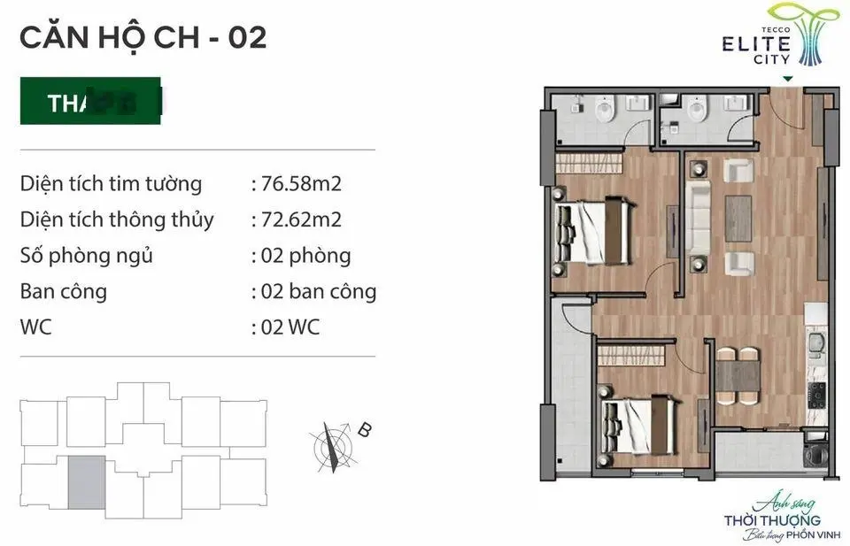 Căn hộ chung cư 3PN DT 82m2 giá 1,6 tỷ VND tại Tecco Elite City, Thái Nguyên