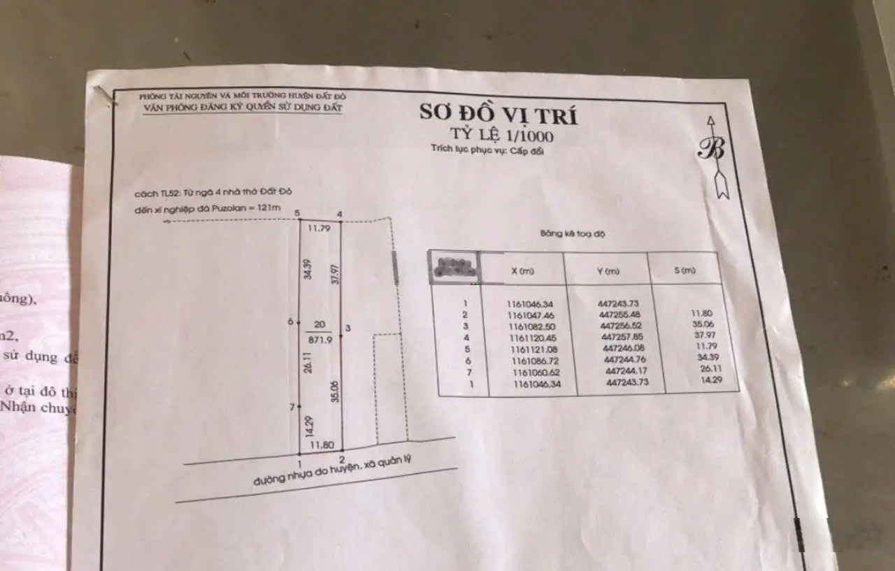 Bán 872m2, ngang 11.8m, có 100m2 thổ cư, đường Phan Đình Phùng, thị trấn Đất Đỏ, khu dân cư đông