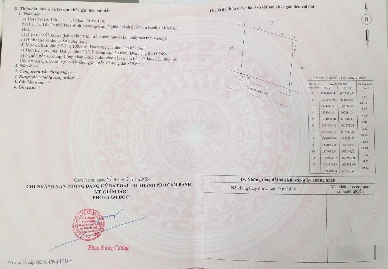 Bán đất mặt tiền đường Hà Huy Tập, Phường Cam Nghĩa, TP. Cam Ranh. Diện tích 959,6m2, ngang 31m