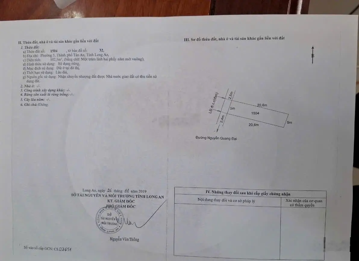 Bán lô hẻm 115 cách đường Nguyễn Quang Đại 40m, phường 5, TP Tân An. Diện tích: 5 x 20.6m