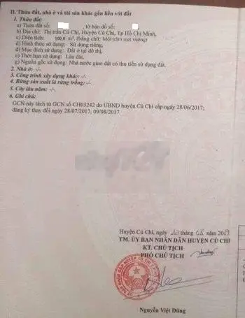 BÁN GẤP LÔ ĐẤT 100M2 ĐƯỜNG BÙI THỊ HE, THỊ TRẤN CỦ CHI 1,5 TỶ