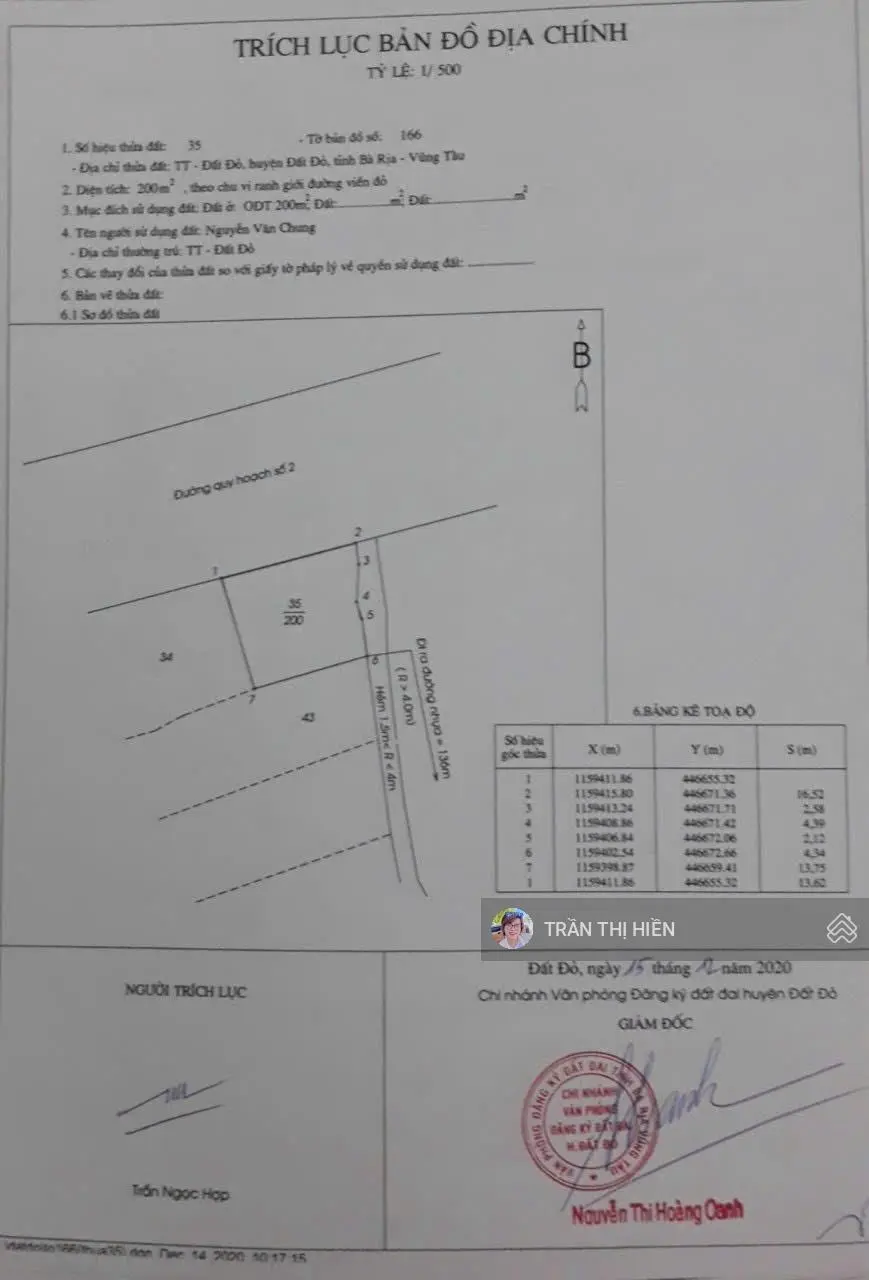 Lô góc 2 mặt tiền đường Tạ Văn Sáu (đường QH số 2)-trung tâm thị trấn Đất Đỏ-16mx13m full thổ cư
