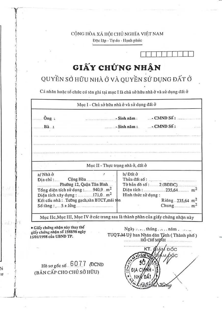 Cơ hội đầu tư: Building Cộng Hòa 2 MT - DT: 8 x 30m CN: 235.64m2 6 tầng - HĐT 195 triệu - 72 tỷ