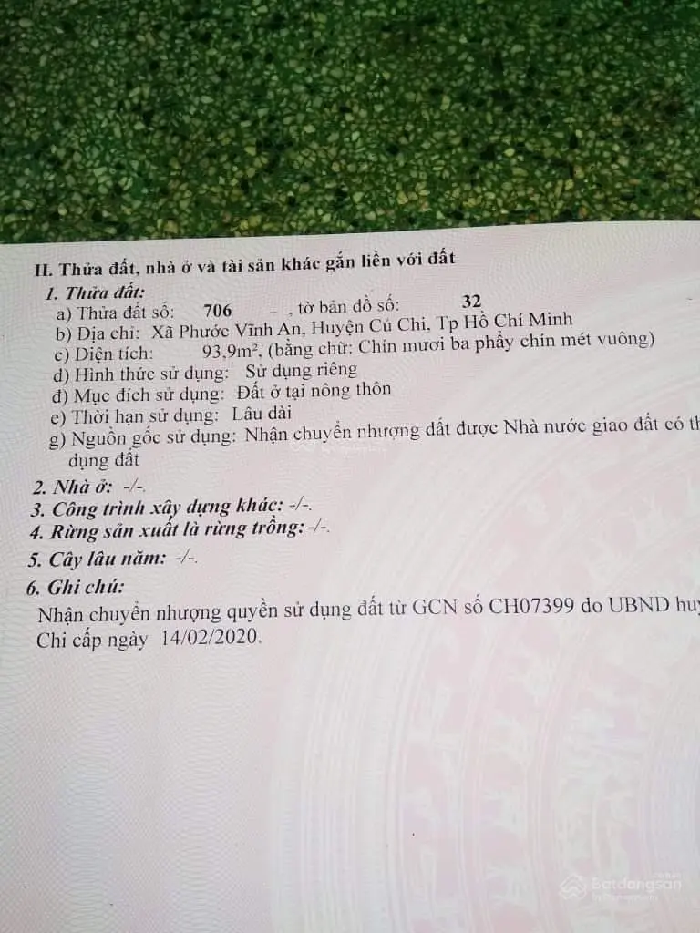 Bán gấp 93,9m2 (6x16m) full thổ ở 1 sẹc Tỉnh lộ 2 Phước Vĩnh An Củ Chi. Giá ra đi 1,25 tỷ còn TL