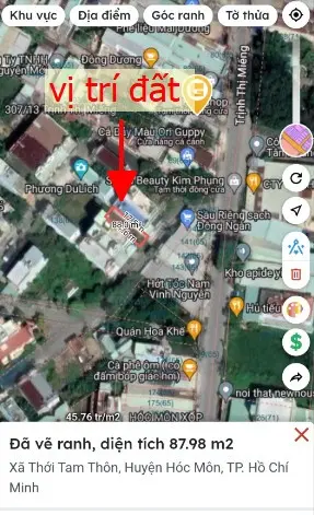 Bán đất SHR 87.5m2 mặt tiền đường nhựa 1/ Trịnh Thị Miếng, Xã Thới Tam Thôn, Huyện Hóc Môn TPHCM