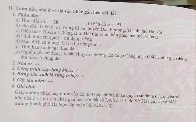 Bán đất chính chủ 204m2 tại đường Phương Vinh, xã Trung Châu, huyện Đan Phượng