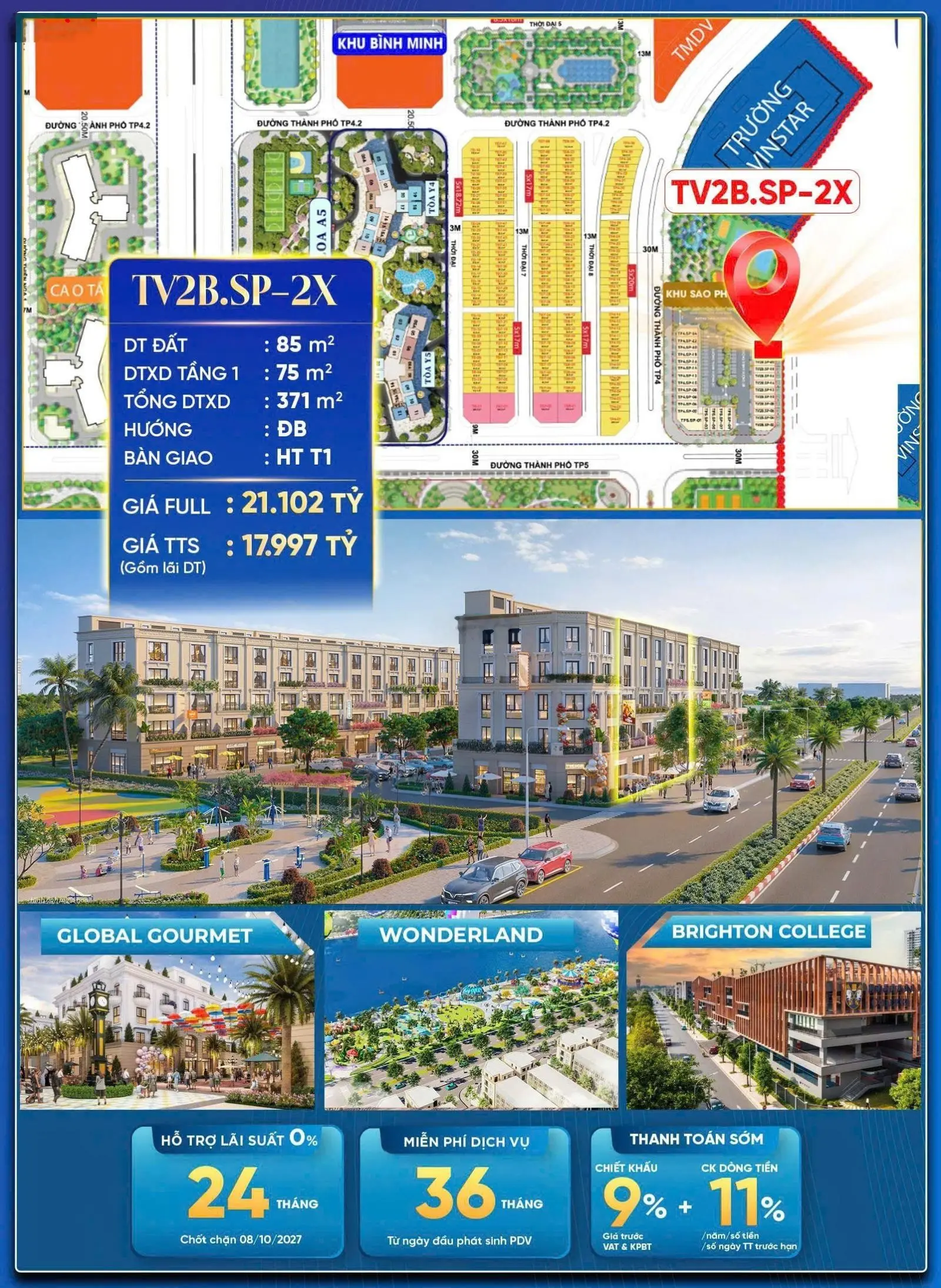 Chưa tới 18 tỷ thanh toán sớm cho căn shop 2 mặt tiền vinhomes cổ loa trục 30m, mặt tiền 6m có hầm